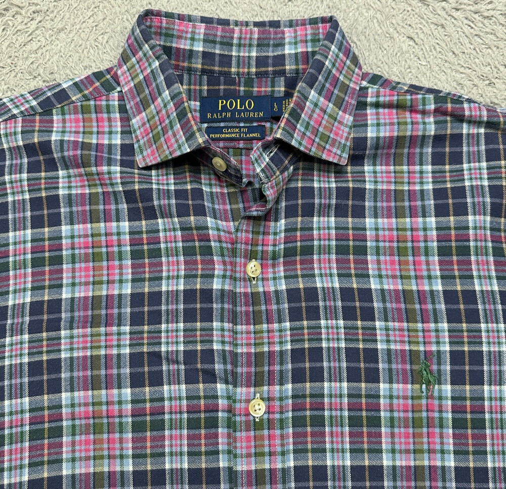 Polo Ralph Lauren Shirt Men Large Blue Pink Performance Flannel Long Sleeve